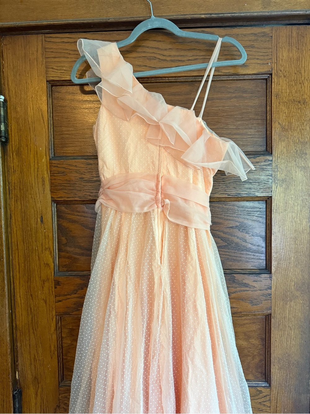 VINTAGE STUNNING Ruffle Asymmetrical Top Maxi Gown Peaches n Cream Swiss Dot 4 - Picture 7 of 12